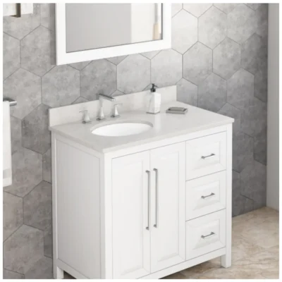 37" Arctic Stone Cultured Marble Vanity Top, left offset oval bowl cutout